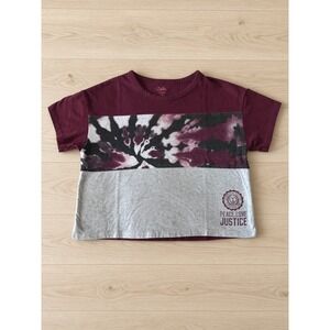 Justice Girls Size S 7/8 Burgundy Colorblock Tie Dye Peace Love Justice Tee